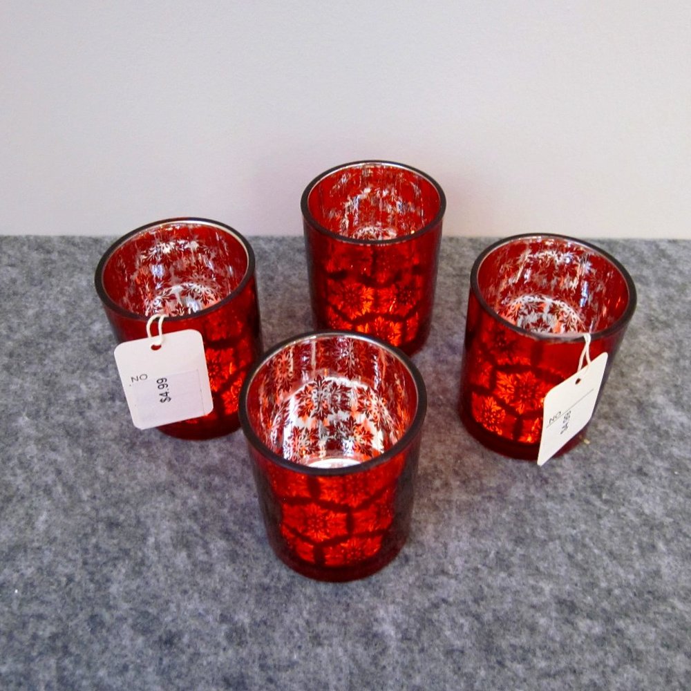 Holiday Snowflake - Red Glass Votive Candle Holders